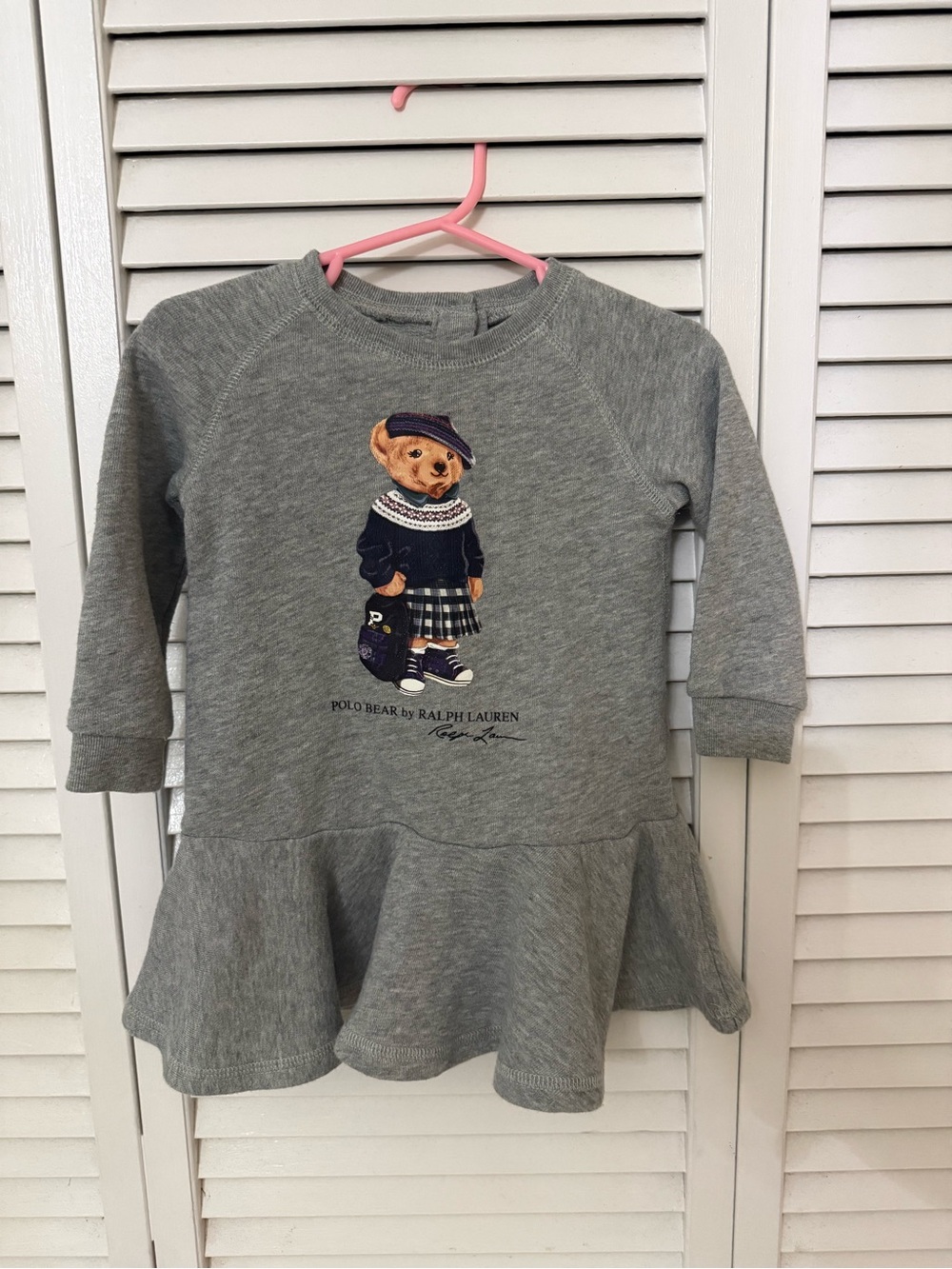 Baby Ralph Lauren Grey Polo Bear Sweatshirt Dress with Navy Accents 9M